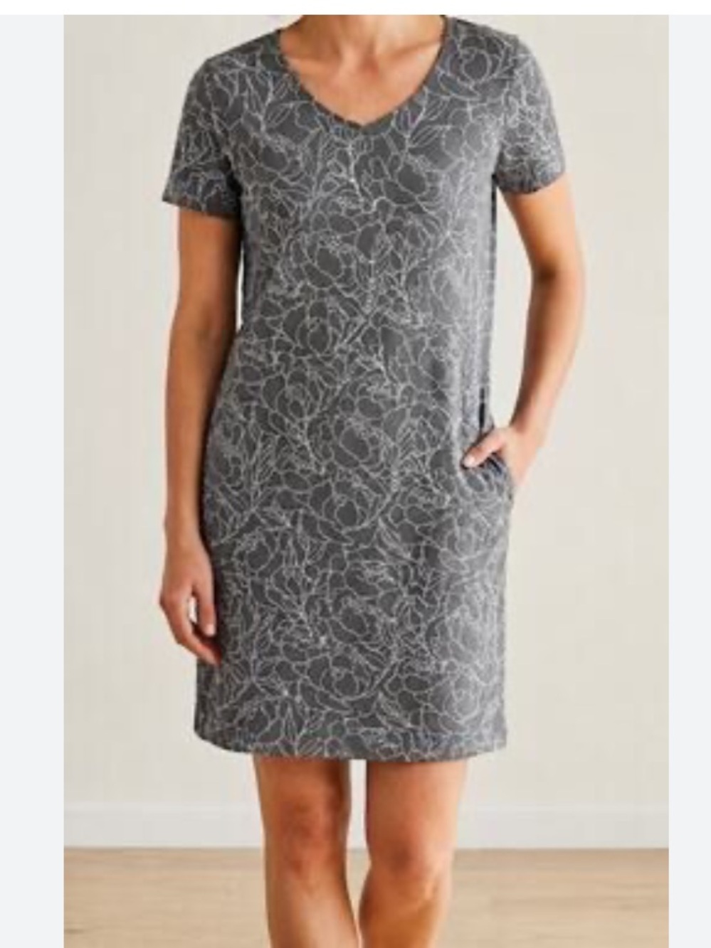 DULUTH TRADING CO NoGA Naturale Dress in Grey Floral Print w pockets W2513 Sz L